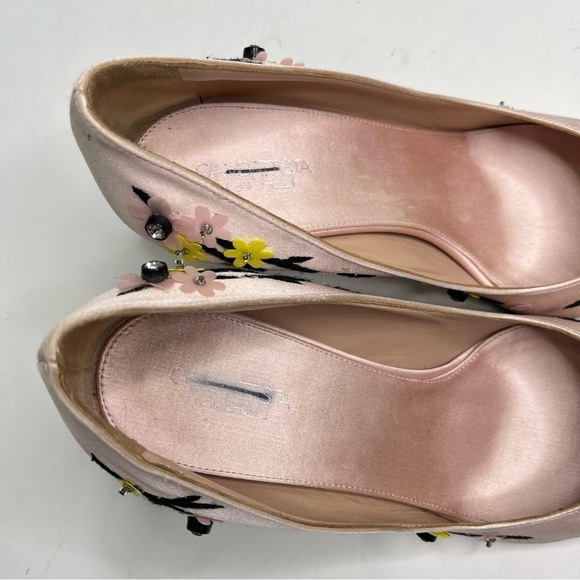 Giambattista Valli Blush Pink Luxury Satin Yellow Floral Embroidered Kitten Heel - Picture 11 of 14